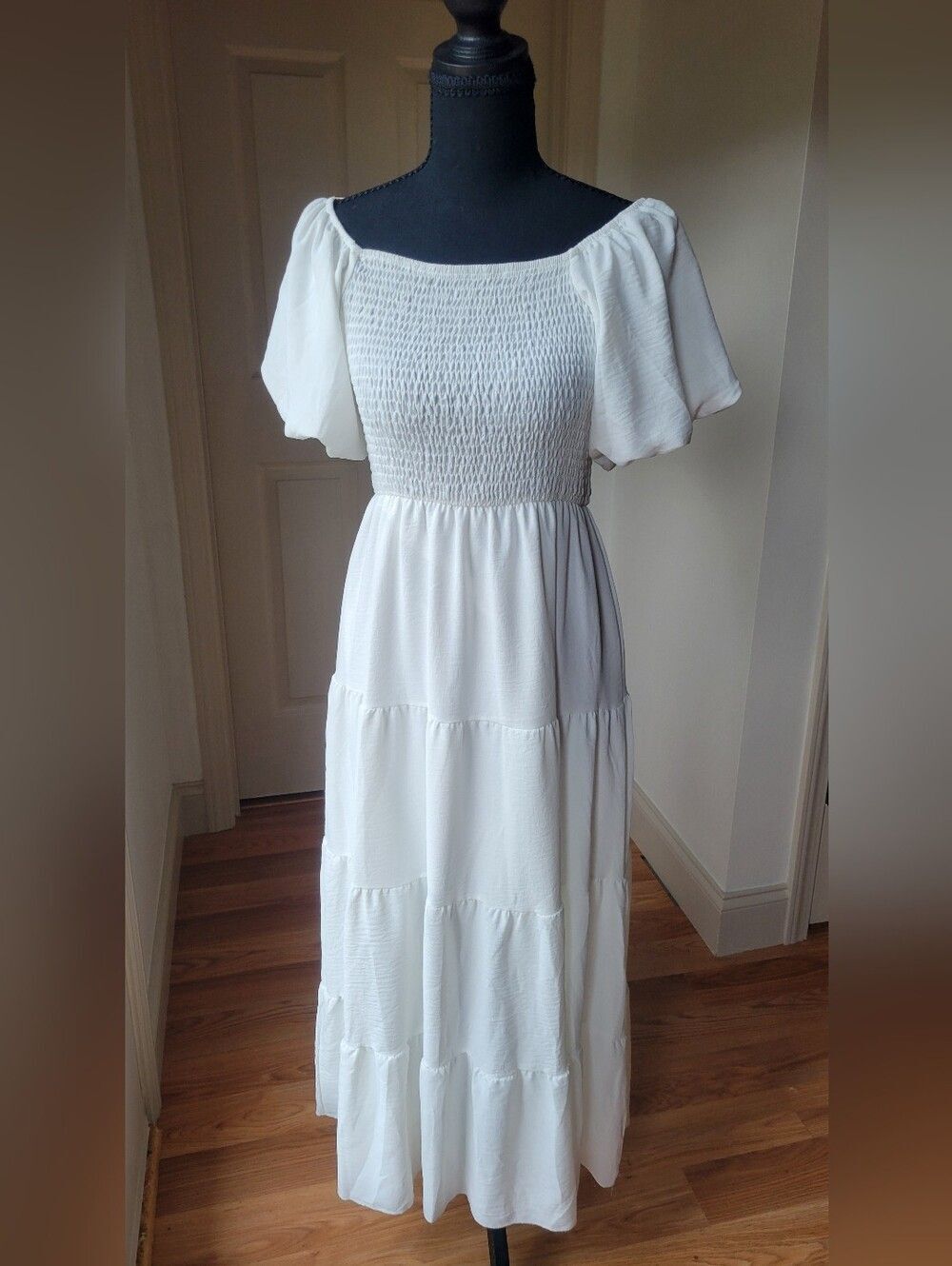 White Smocked Tiered Maxi Dress Cottagecore S